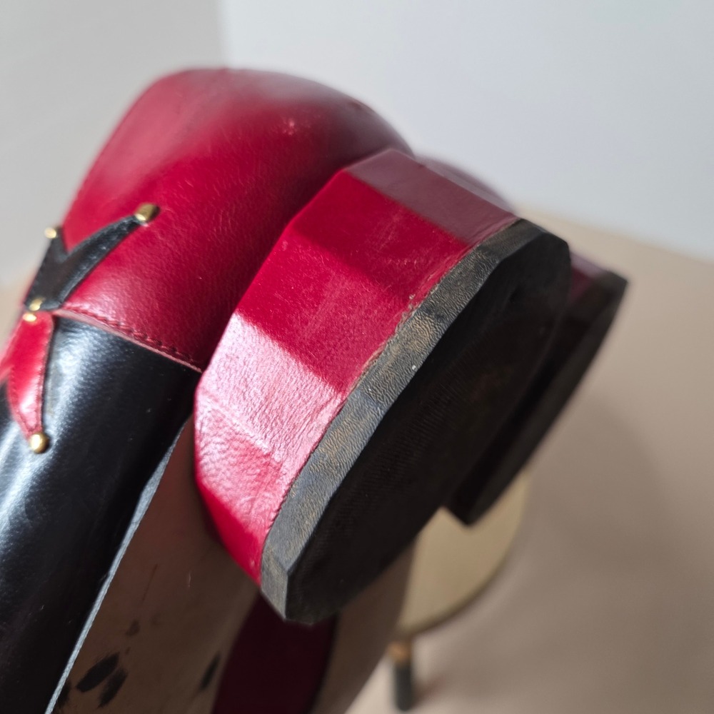 Vintage Margaret J Red Black Leather Star Studded Block Heel Pumps 2836 7M - Picture 8 of 11